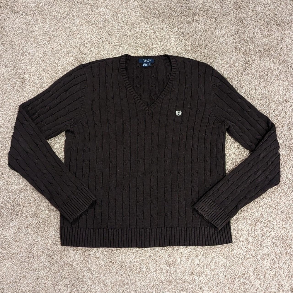 Chaps women's chocolate dark brown thick cable knit v-neck sweater